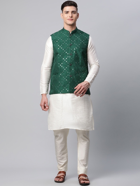 

Jompers Men Green Layered Mirror Work Dupion Silk Kurta with Pyjamas