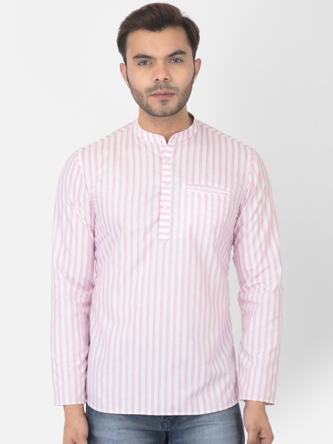 

DEYANN Men Pink & White Striped Mandarin Collar Cotton Straight Kurta