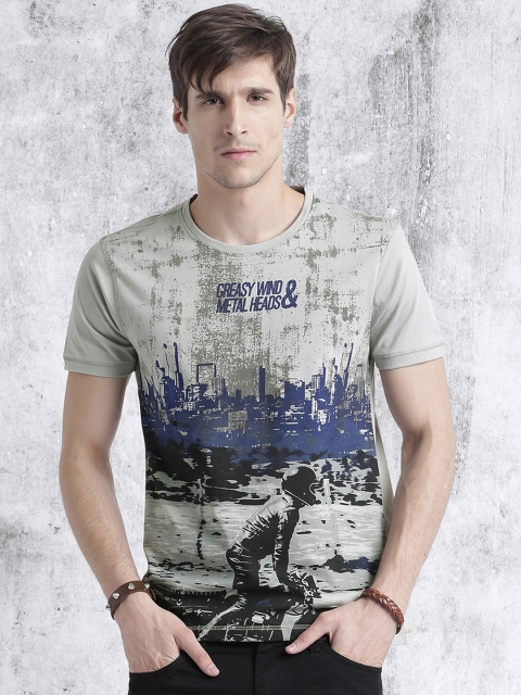 

Roadster Men Grey Printed Round Neck T-shirt