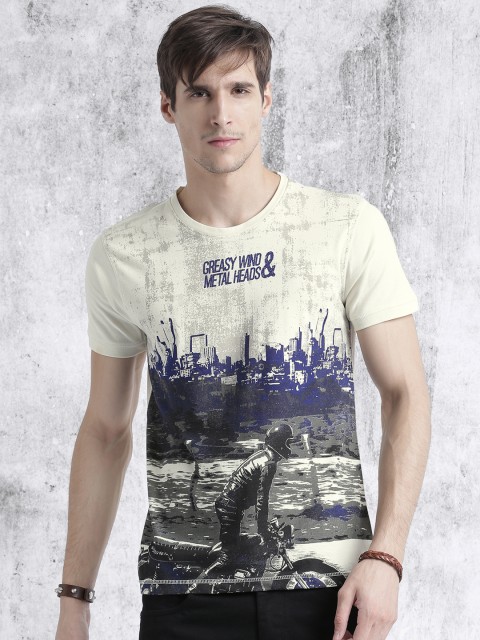 

Roadster Men Cream-Coloured Printed Round Neck T-shirt