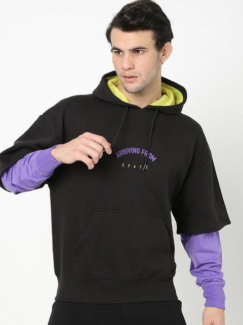 

Bewakoof Men Black & Purple Printed Hooded Cotton Sweatshirt