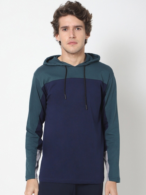 

Bewakoof Men Blue Colourblocked Hooded Pure Cotton Sweatshirt