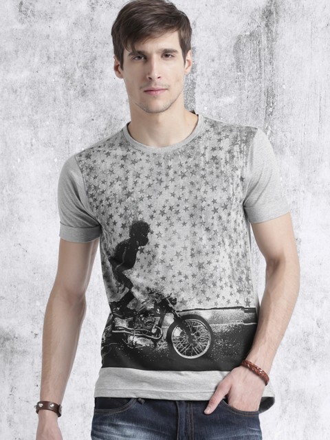 

Roadster Men Grey Melange Printed Round Neck T-shirt