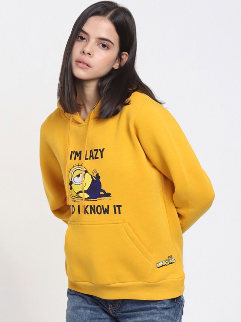 

Bewakoof Women Mustard Yellow & Blue Minions Printed Hooded Sweatshirt