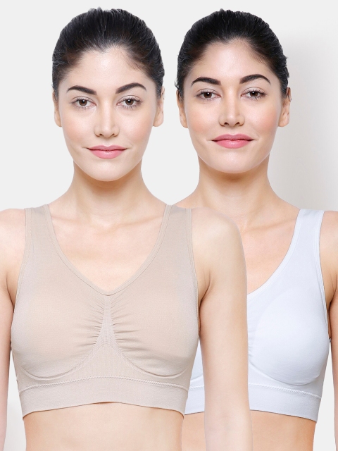 

FashionRack Women Pack Of 2 Solid Lightly Padded Cotton Everyday Sports Bra, Beige