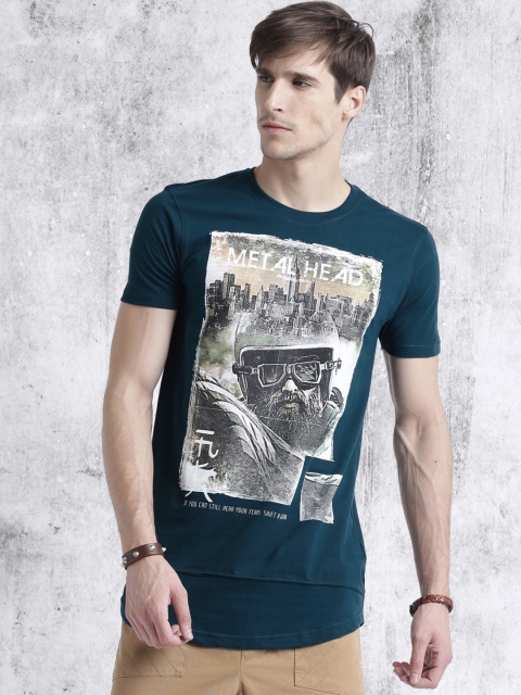 

Roadster Men Teal Blue Printed Round Neck T-shirt