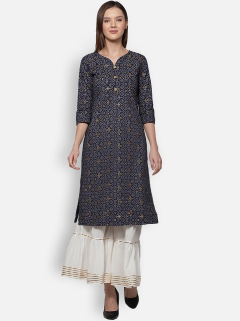 

Dipsha Women Navy Blue & White Ethnic Motifs Printed Cotton Kurta with Sharara