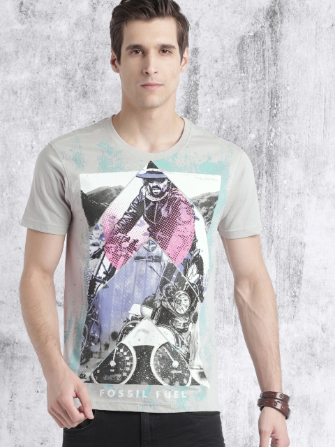 

Roadster Men Grey Printed Round Neck T-shirt