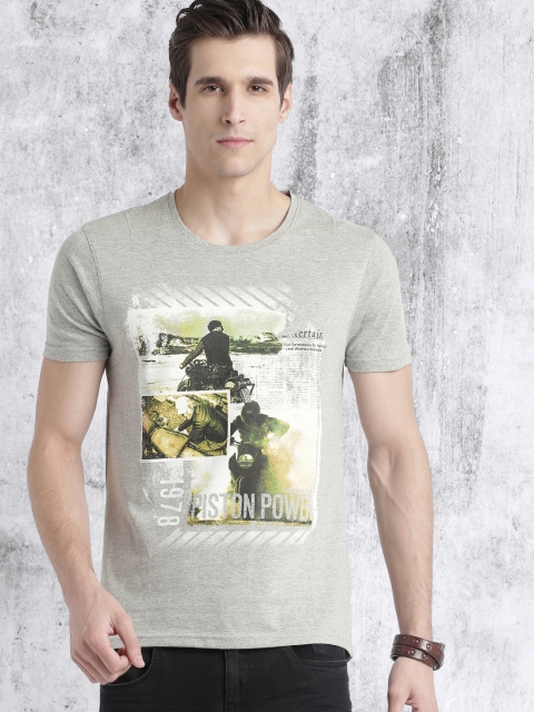 Roadster Men Grey Melange Printed Round Neck T-shirt available at myntra for Rs.179