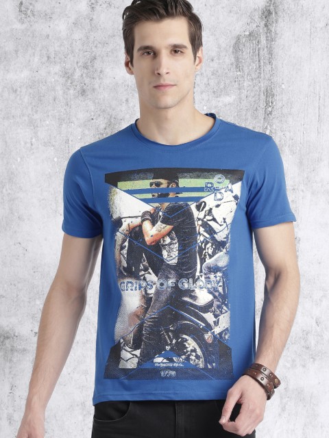 

Roadster Men Blue Printed Round Neck T-shirt