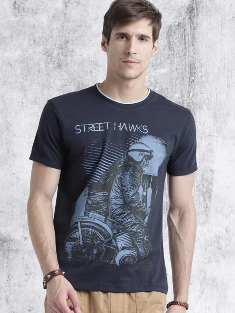 

Roadster Men Navy Blue Printed Round Neck T-shirt