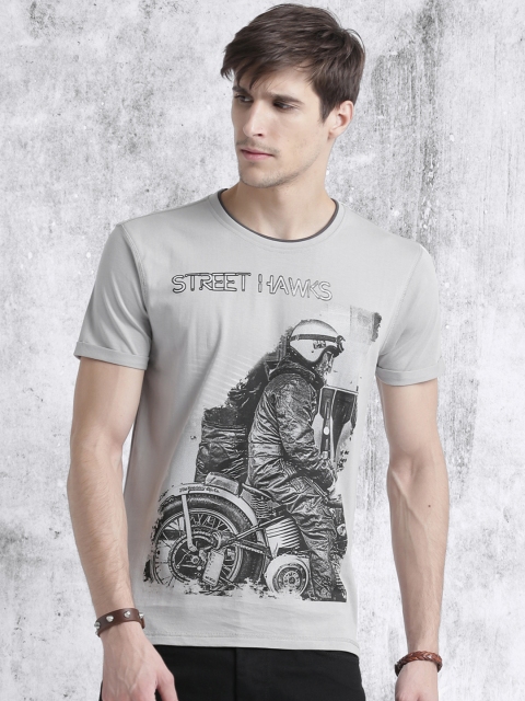 

Roadster Men Grey Printed Round Neck T-shirt