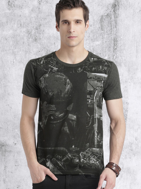 

Roadster Men Charcoal Printed Round Neck T-shirt