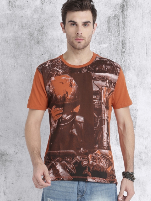 

Roadster Men Rust Orange Printed Round Neck T-shirt