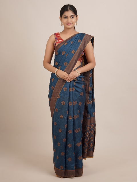 

Pothys Navy Blue & Bronze-Toned Floral Zari Jute Silk Saree