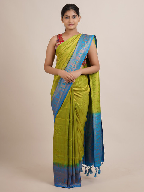 

Pothys Green & Blue Floral Zari Jute Silk Saree