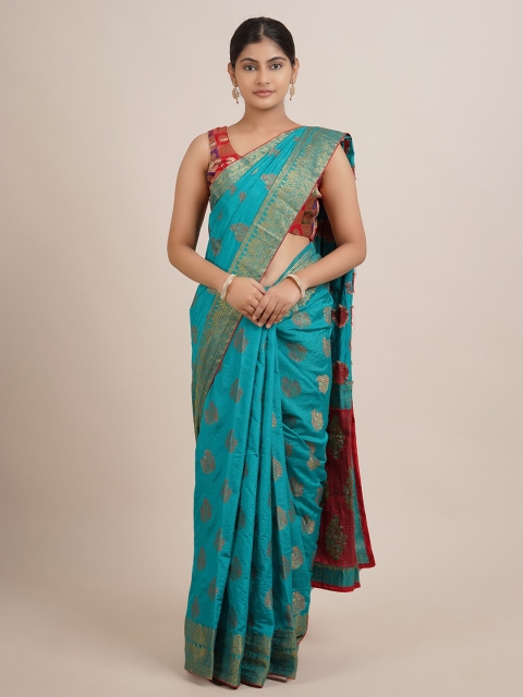

Pothys Blue & Gold-Toned Floral Zari Jute Silk Saree