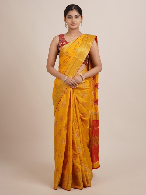 

Pothys Yellow & Maroon Floral Zari Jute Silk Saree