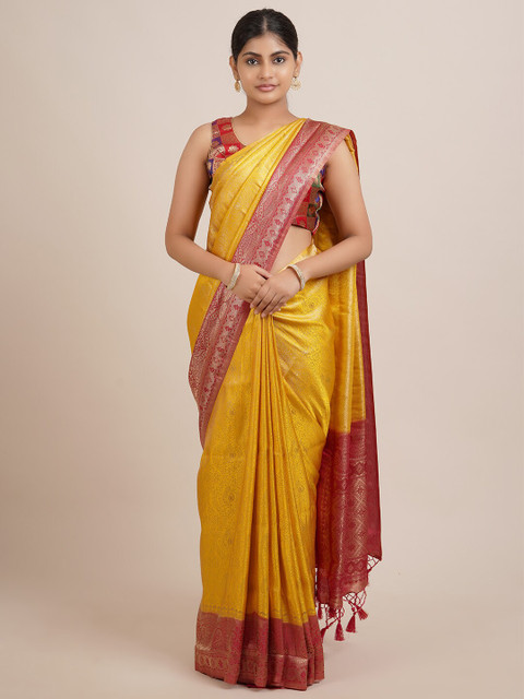 

Pothys Yellow Ethnic Motifs Woven Design Jute Silk Saree