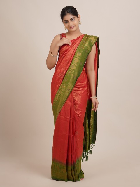 

Pothys Red & Green Floral Zari Jute Silk Saree