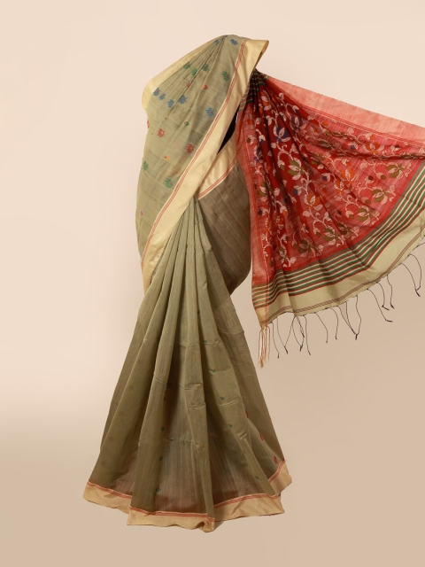

Pothys Tan Floral Woven Design Pulia Cotton Saree