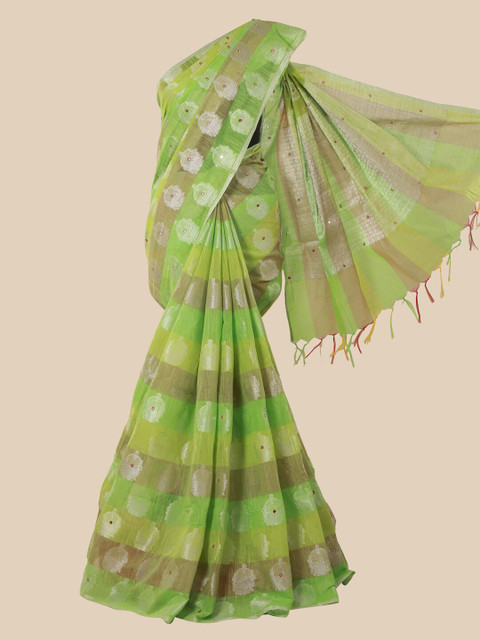 

Pothys Lime Green & Brown Ethnic Motifs Woven Design Zari Saree