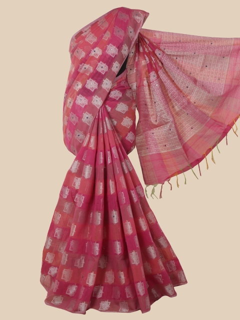 

Pothys Women Pink Ethnic Motifs Woven Design Mirror Work Saree