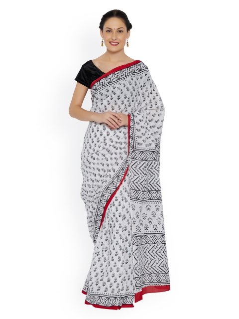 

Desi Weaves White Bagru Print Cotton & Voile Handloom Traditional Saree