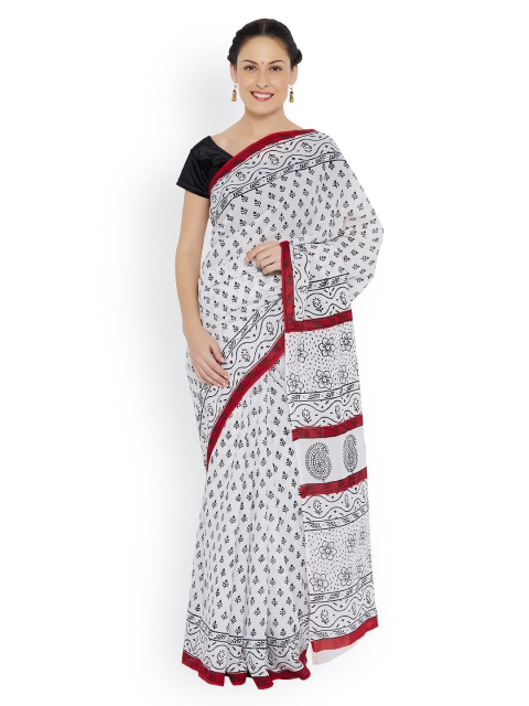 

Desi Weaves White Bagru Print Cotton Handloom Traditional Saree