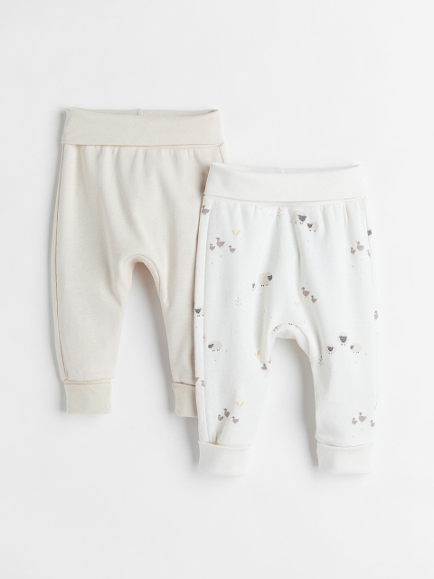 

H&M Boys Pack Of 2 Beige & White Foldover-Cuff Pure Cotton Trousers