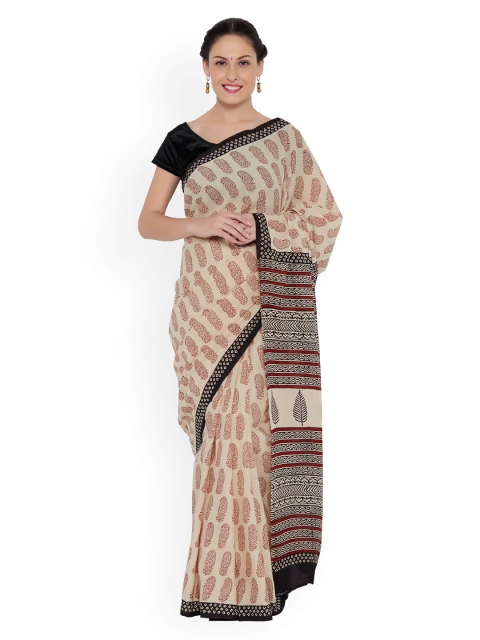 

Desi Weaves Beige Handloom Cotton Voile Bagru-Printed Saree