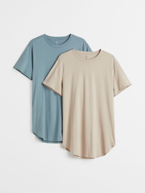 

H&M Men Pack Of 2 Solid Pure Cotton Long Fit T-shirts, Turquoise blue