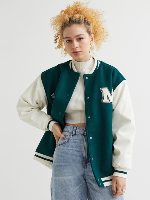 

H&M Women Green Baseball Jacket