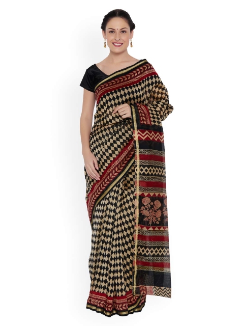 

Desi Weaves Beige & Black Handloom Chanderi Slik Bagru-Printed Saree