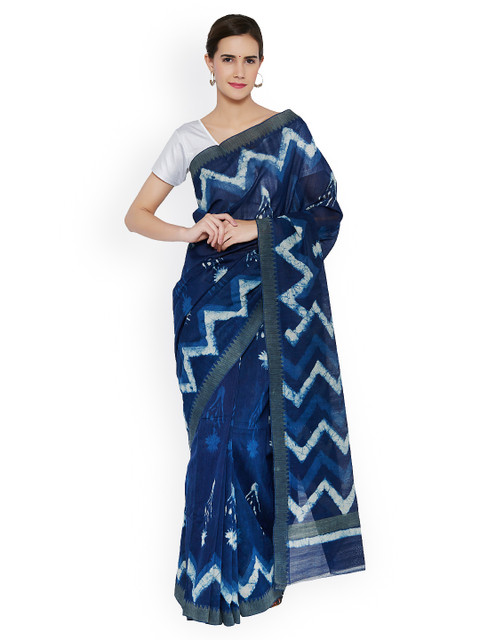 

Desi Weaves Blue Chanderi Bagru Dabu Printed Saree