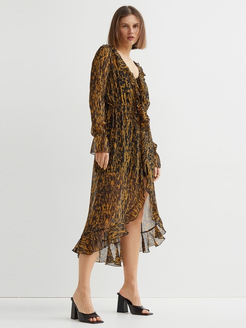 

H&M Beige & Black Flounce-detail Patterned Dress