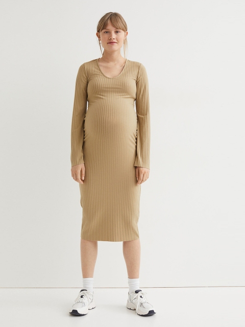 

H&M MAMA Beige Solid Ribbed Dress