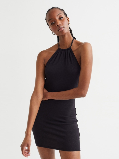 

H&M Black Solid Fitted Halter Neck Dress