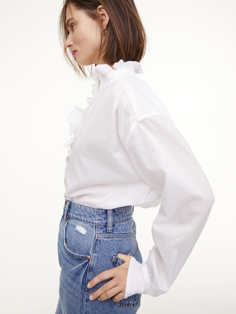 

H&M Women White Solid Frill-Collared Shirt
