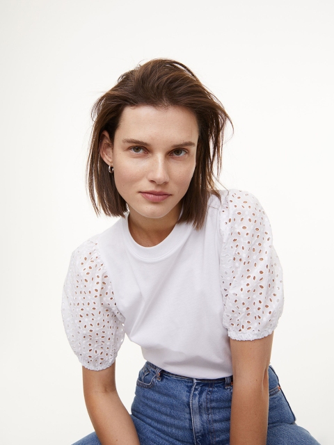 

H&M Women White Embroidered-Sleeve T-shirt