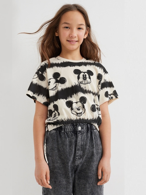

H&M Girls Beige & Black Mickey Mouse Printed Pure Cotton Drawstring T-shirt