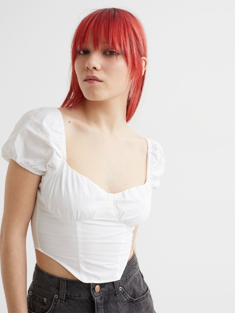

H&M Women White Solid Pure Cotton Cropped Bustier Blouse