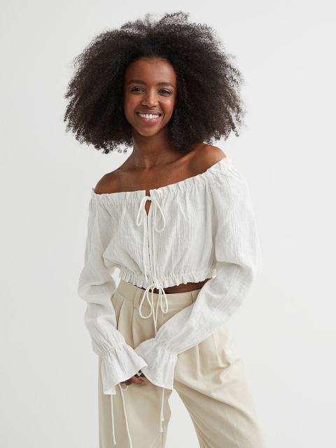 

H&M Women White Cropped Linen-Blend Blouse