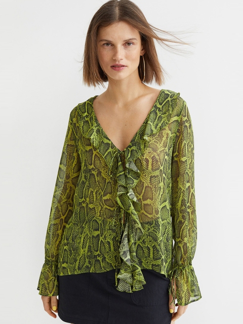 

H&M Green Printed Flounce-Trimmed Blouse