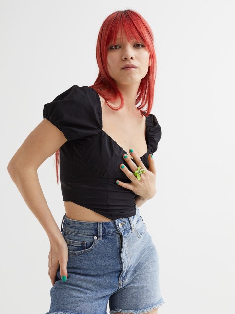 

H&M Black Pure Cotton Cropped Bustier Blouse
