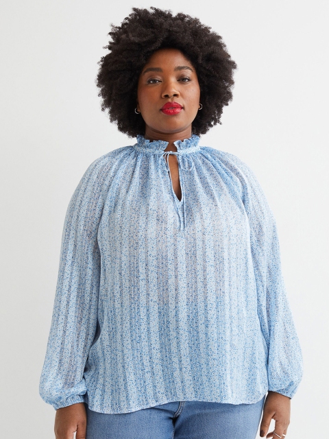 

H&M Blue Printed Plus Size Tie-Neck Top