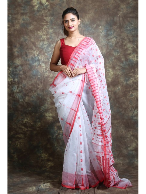 

Arhi Women White & Red Floral Woven Design Silk Cotton Saree