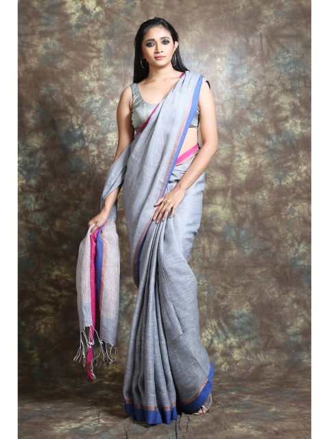 

Arhi Silver-Toned & Pink Pure Linen Saree