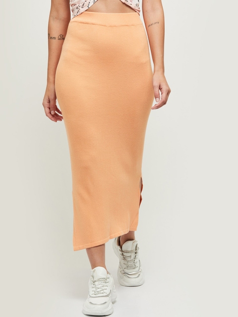 

max Peach-Coloured Solid High-Rise Pencil Midi Skirt