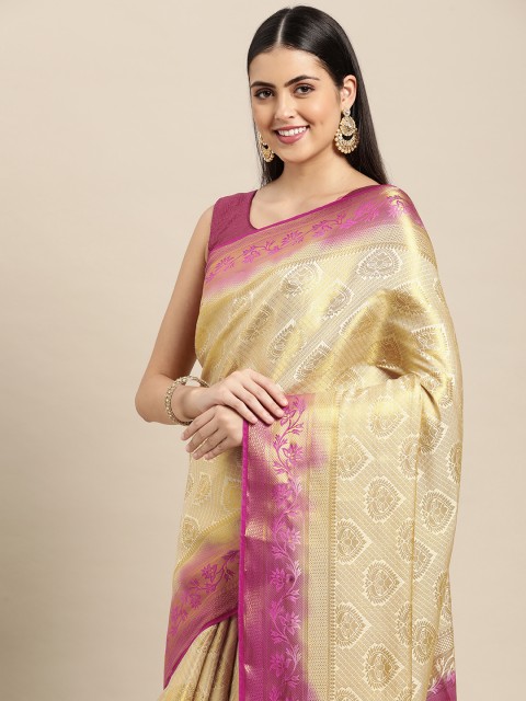 

Pothys Cream-Coloured & Pink Ethnic Motifs Art Silk Saree